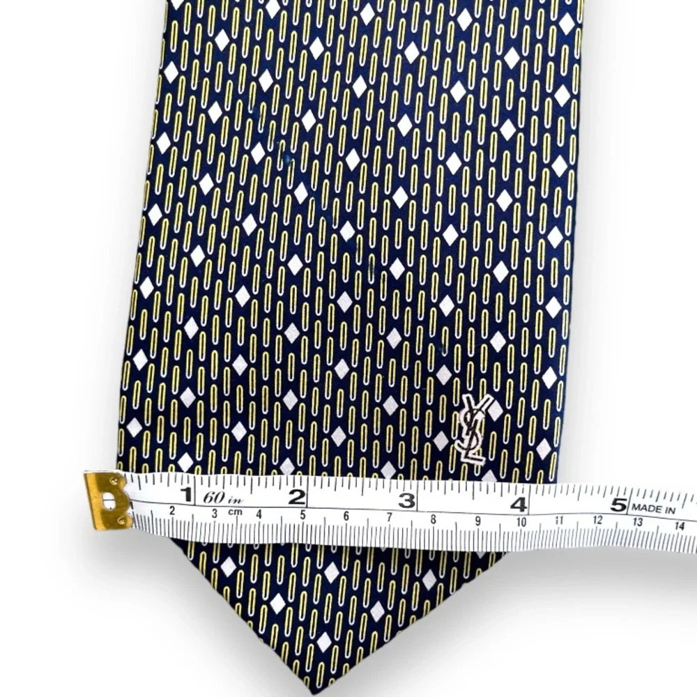 Yves Saint Laurent YSL Mens Tie Navy Blue Geometric Logo Print NWT